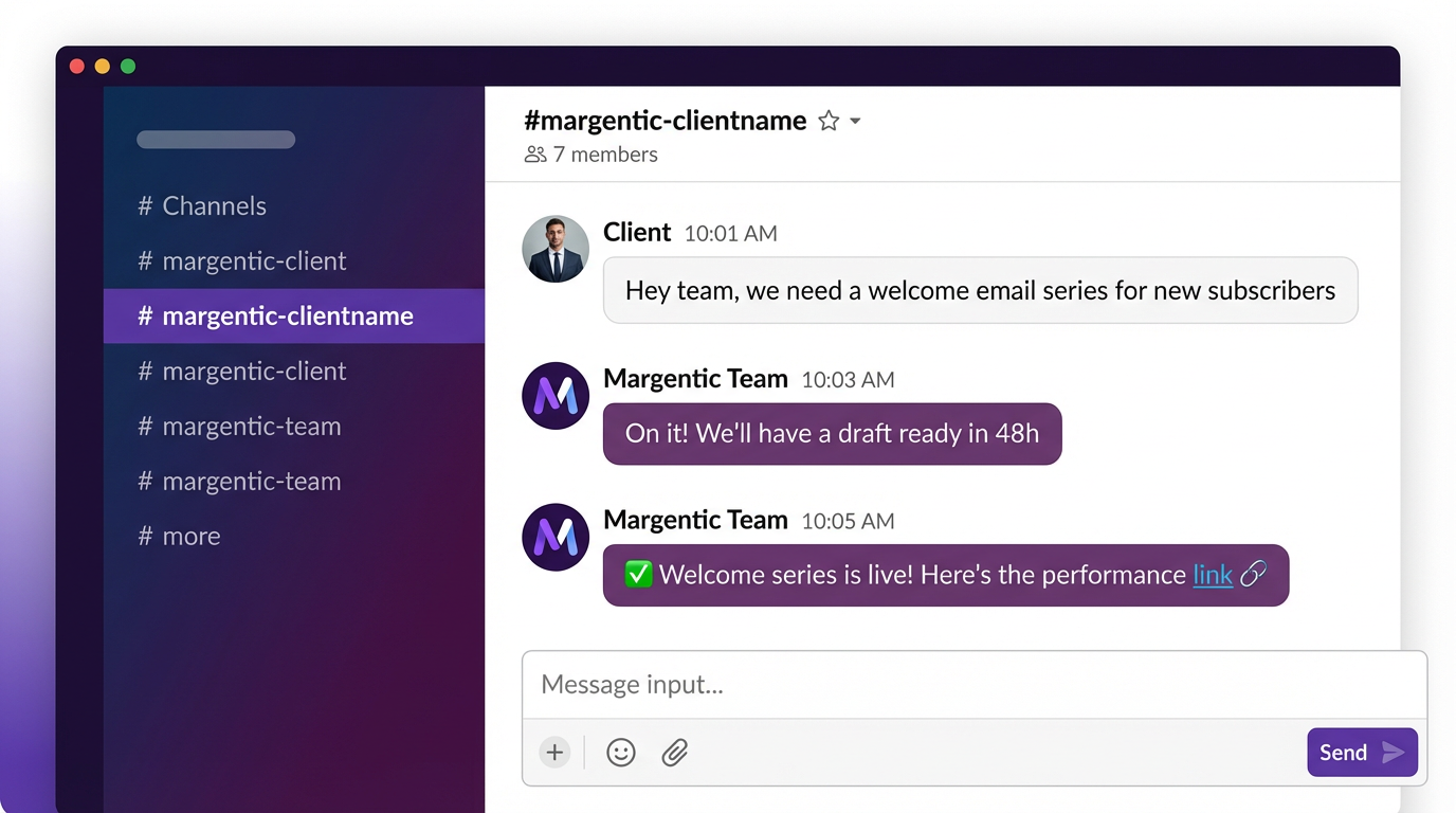 Slack conversation showing request, progress update, and campaign launch notification