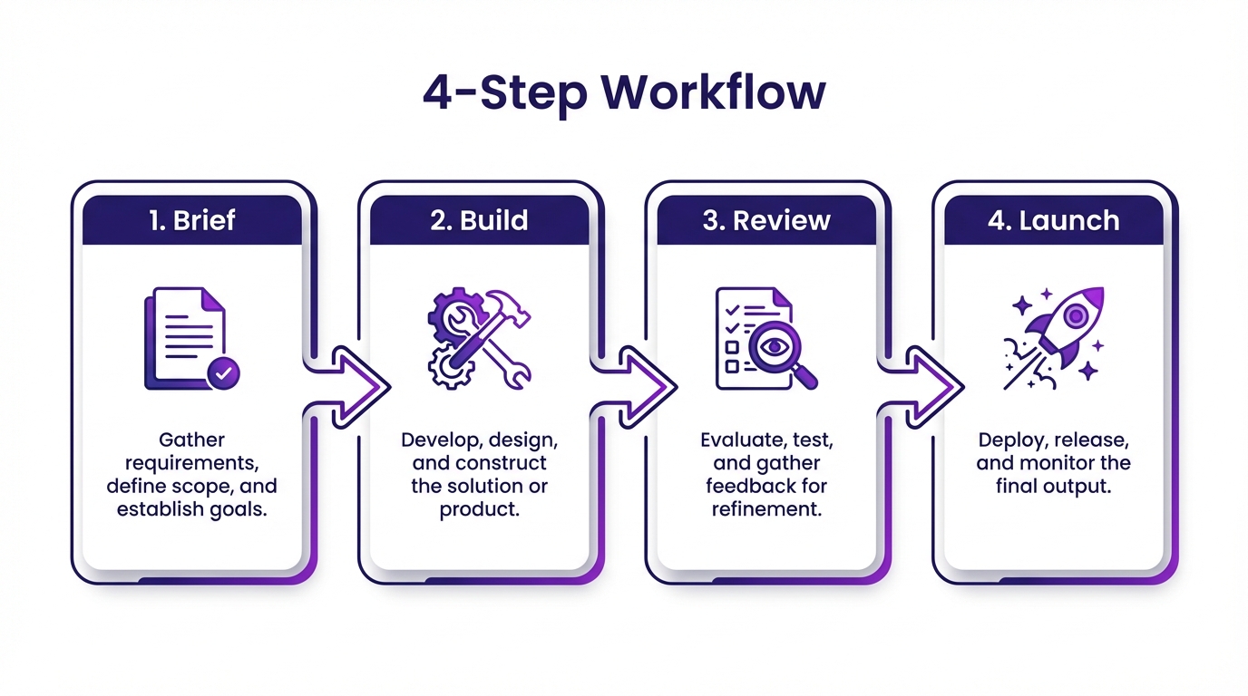 4-step workflow: Request → Build → Review → Launch